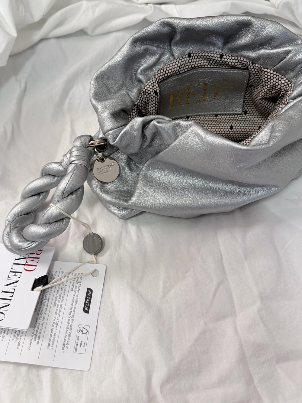 RED Valentino Silver Metallic Braided-Handle Mini Bucket Bag